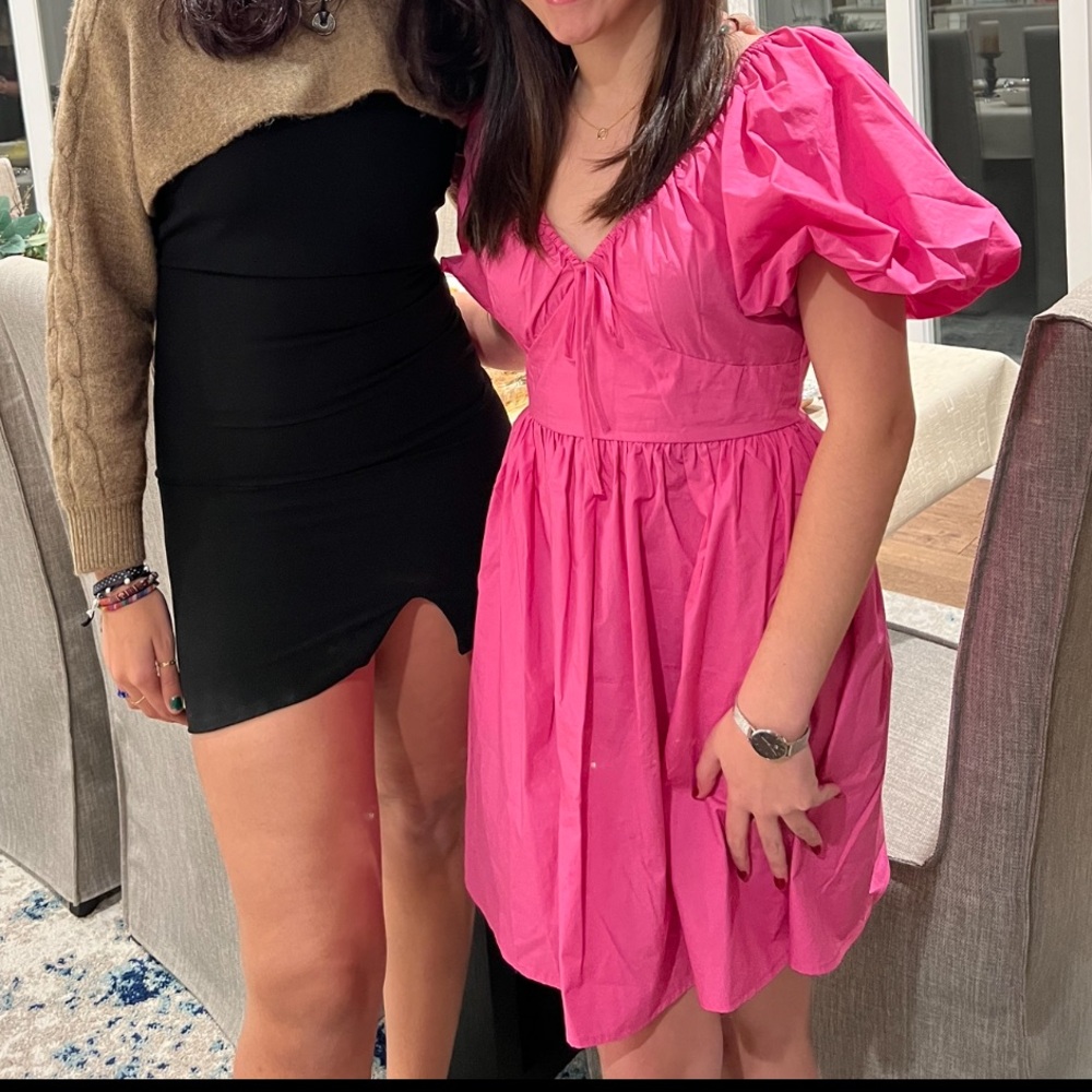 Pink Puff Sleeve Midi Dress
